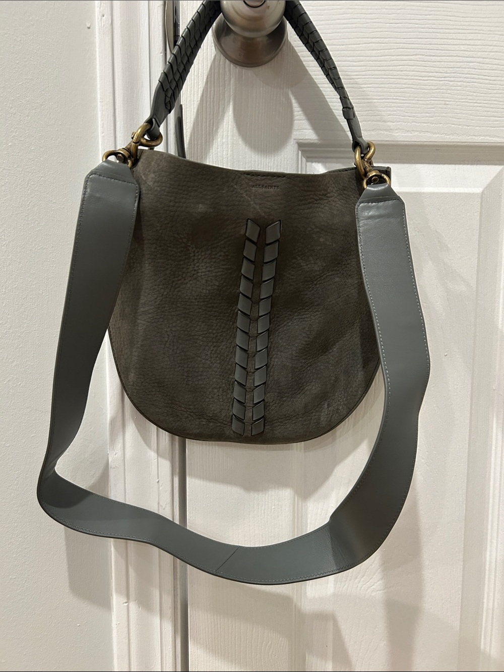 AllSaints Olive Gray Suede Braided Hobo Shoulder Bag